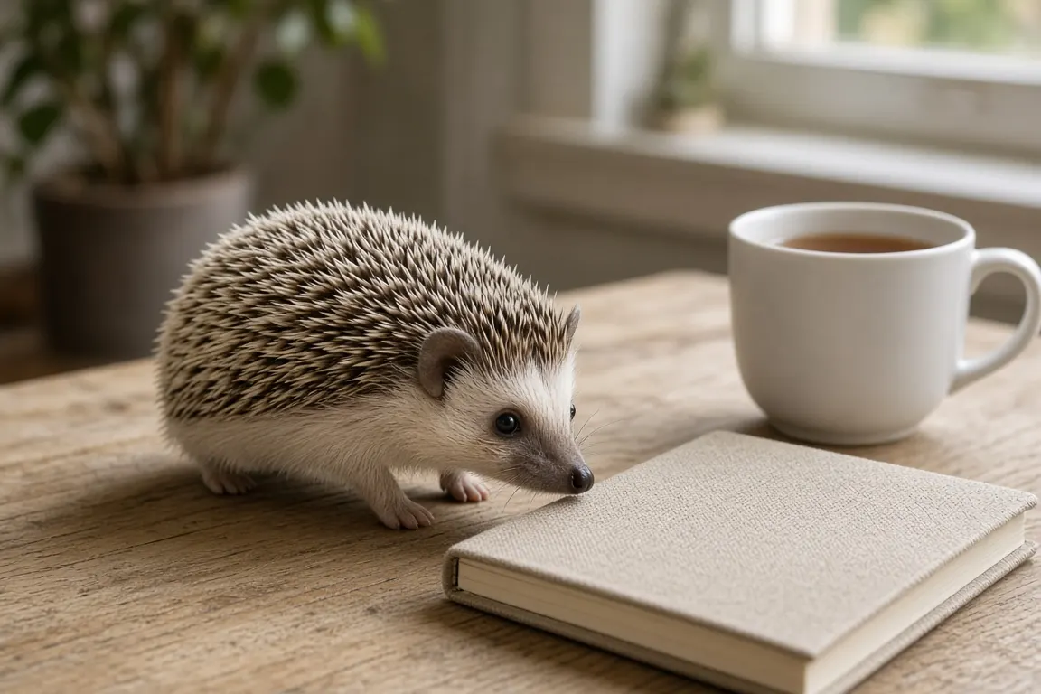 An African pygmy hedgehog exploring a wooden table beside a notebook and a cup of tea