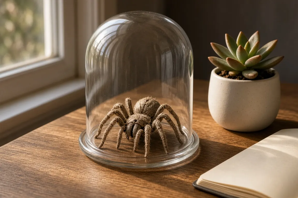 A complete shed tarantula molt displayed under a small glass dome on an oak desk by a window