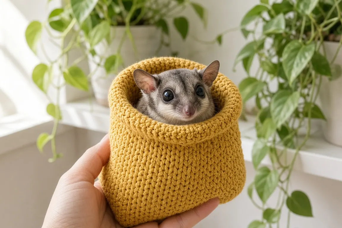 A sugar glider peeking out of a knitted pouch hanging in a bright, plant-filled room