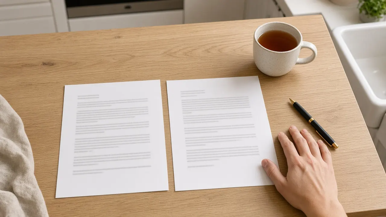 Two printed price quotes laid side by side on a kitchen table with a pen and a mug of tea