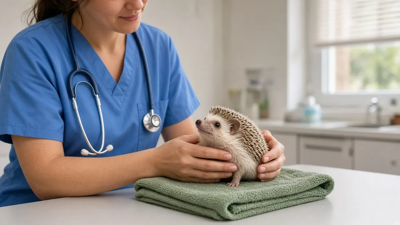 A veterinarian in a quiet exam room gently holding a curious African pygmy hedgehog on a folded towel