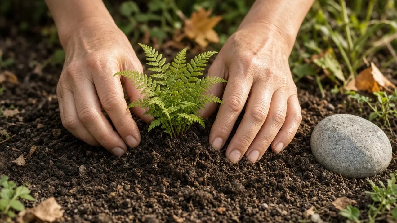 Hands pressing soil around a small fern planted in a garden bed beside a smooth river stone