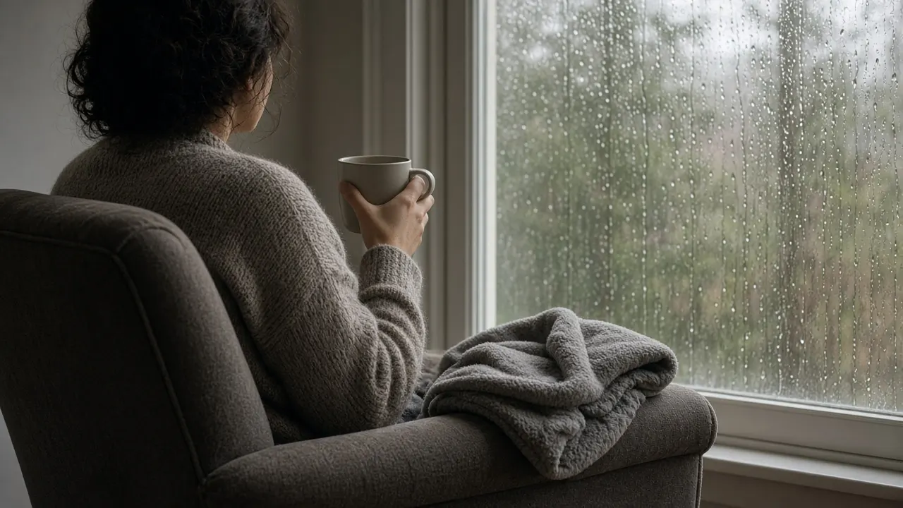 A person sitting quietly by a rain-streaked window holding a mug, a small empty glider pouch on the chair beside them