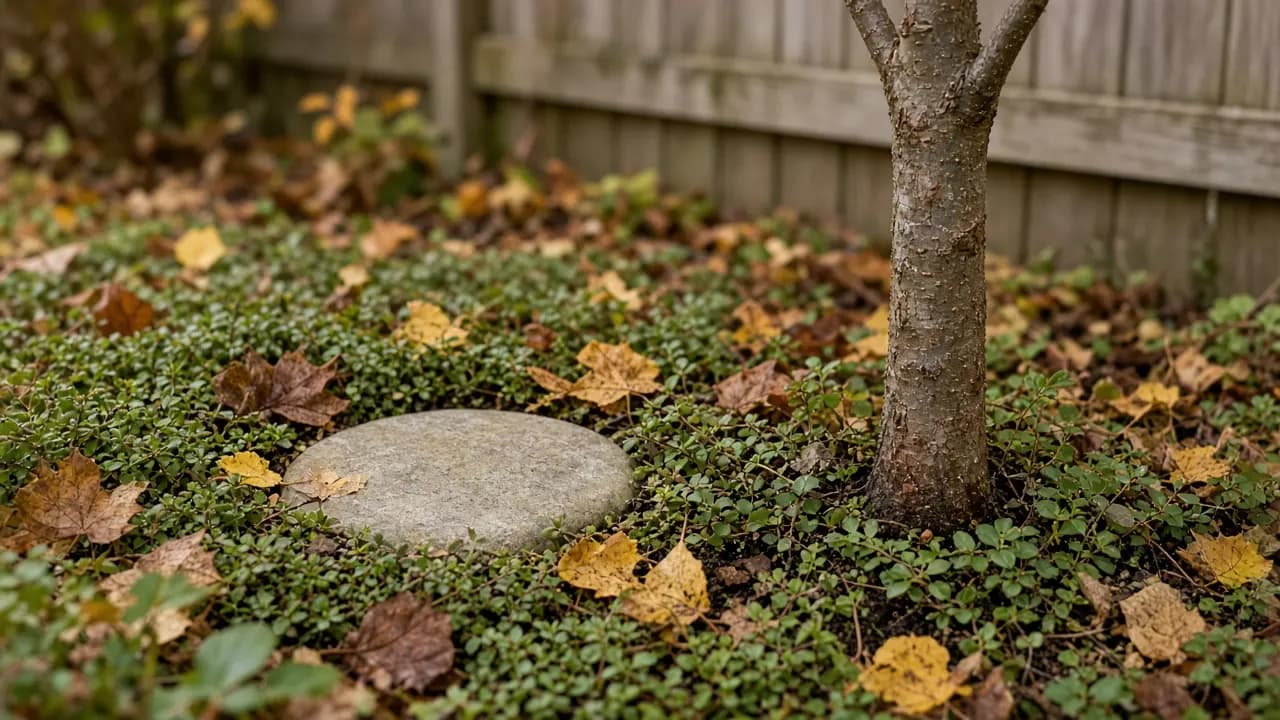 A flat garden stone set among low thyme and fallen autumn leaves beside a young dogwood tree
