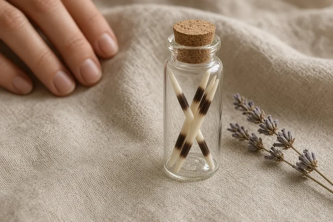 Cream and brown banded hedgehog quills arranged in a small corked glass vial on a linen cloth