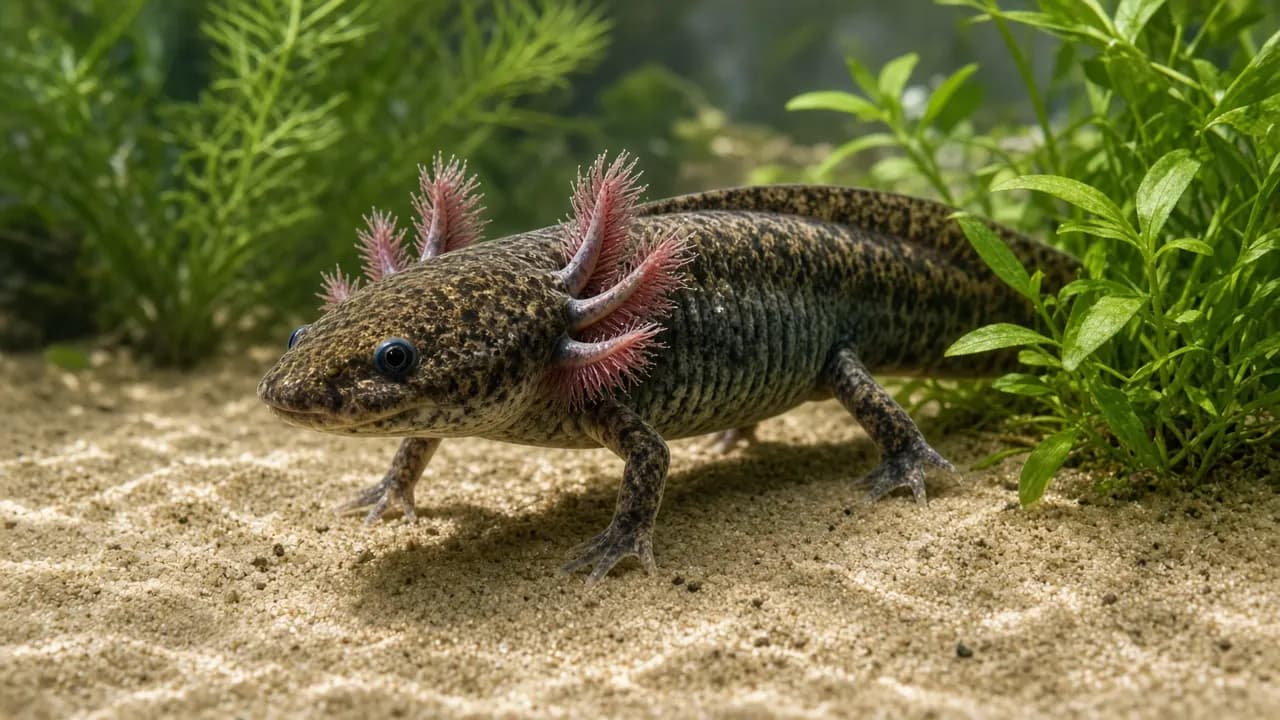 A wild-type axolotl with dark speckled skin exploring green plants in a clean aquarium