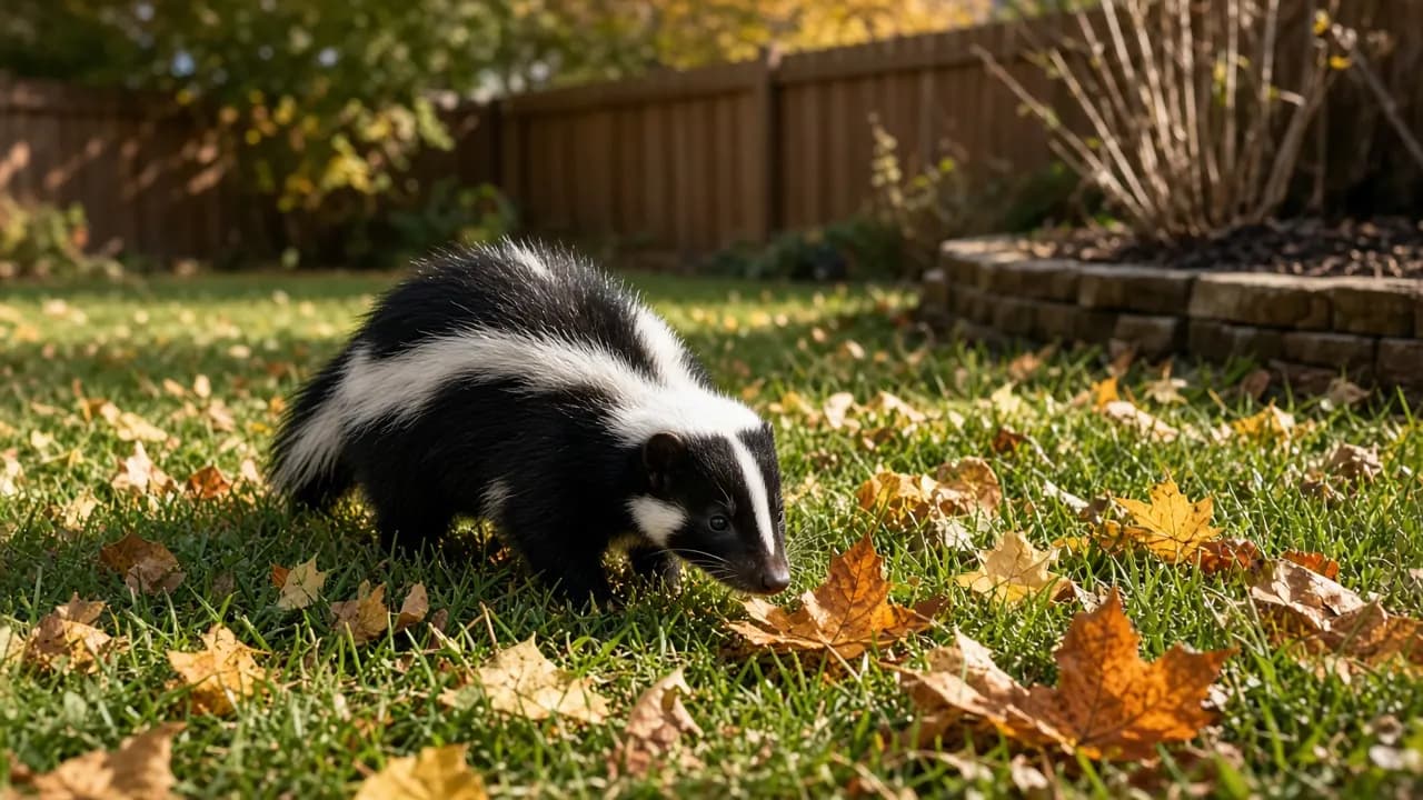 A pet skunk sniffing autumn leaves in a fenced backyard on a crisp sunny morning