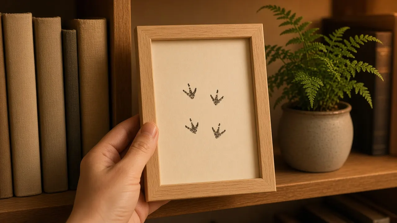 A small ink print of a hedgehog's feet on cream card, framed in pale wood on a bookshelf next to a potted fern