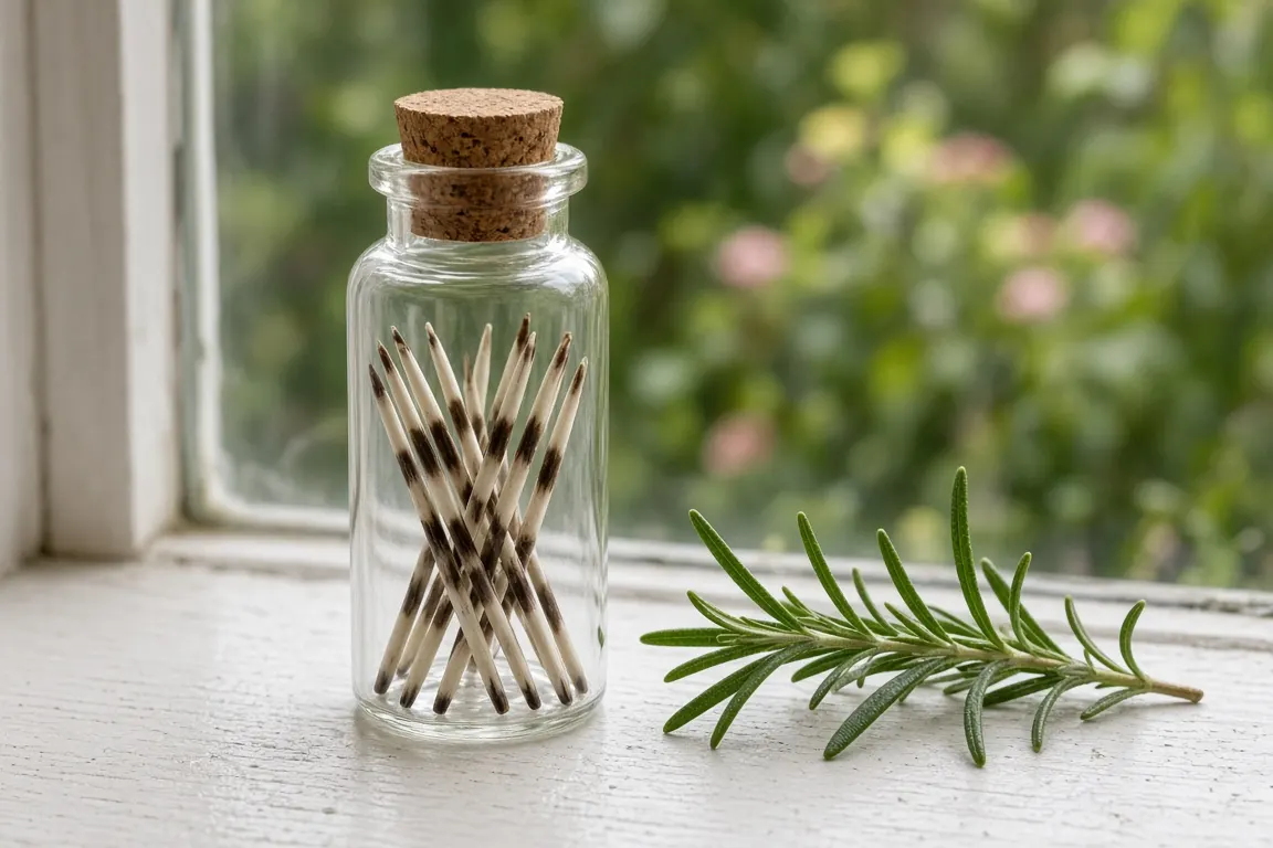 A small corked glass vial holding a few pale hedgehog quills on a windowsill beside a sprig of rosemary
