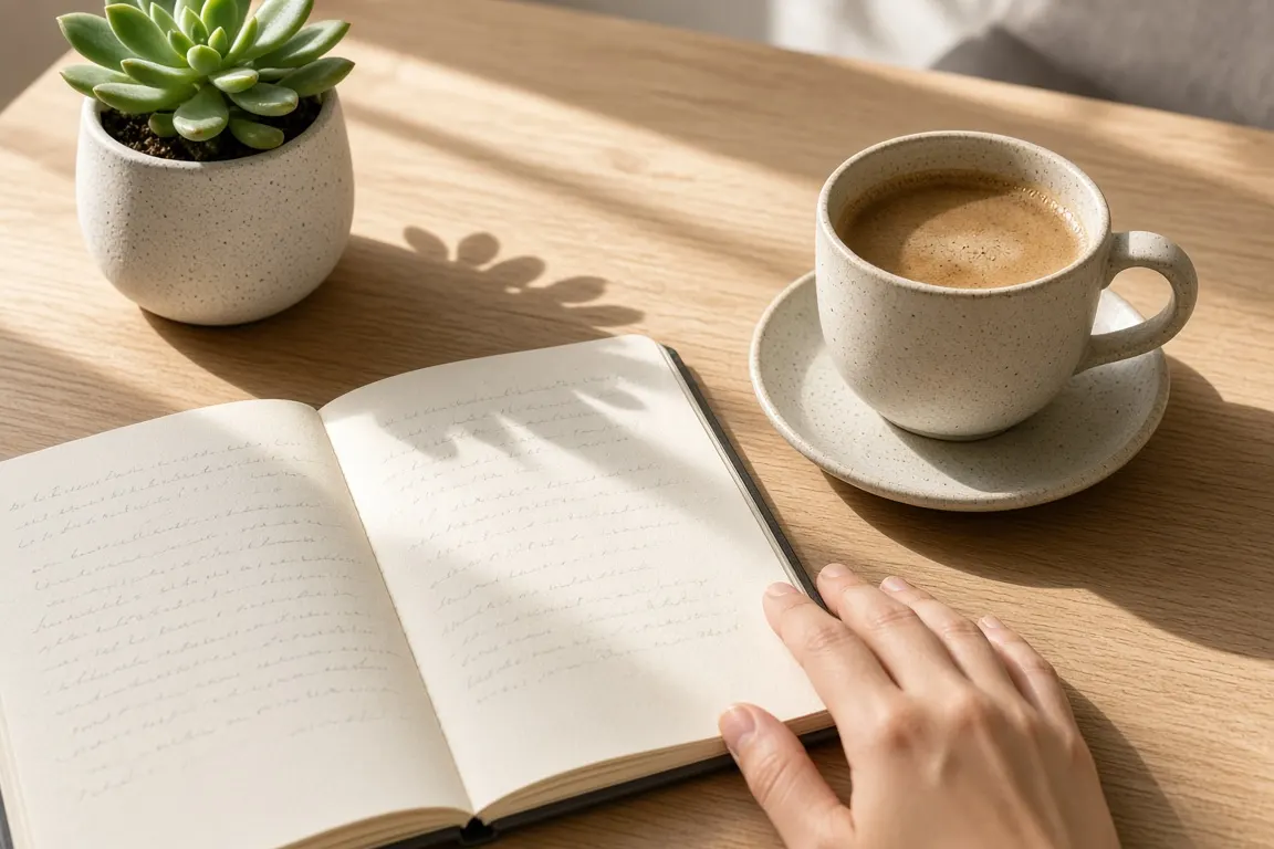 An open notebook with handwritten notes beside a cup of coffee and a small succulent on a sunny desk