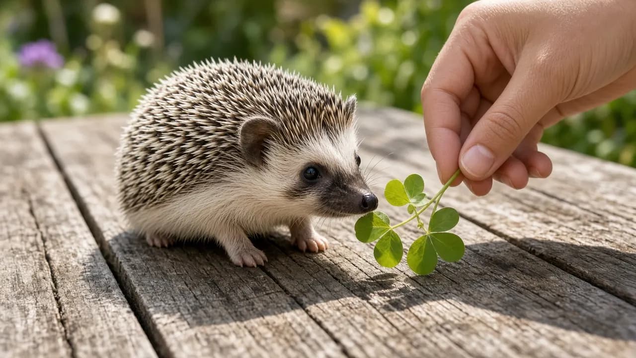 An African pygmy hedgehog sniffing a sprig of clover on a sunny garden table