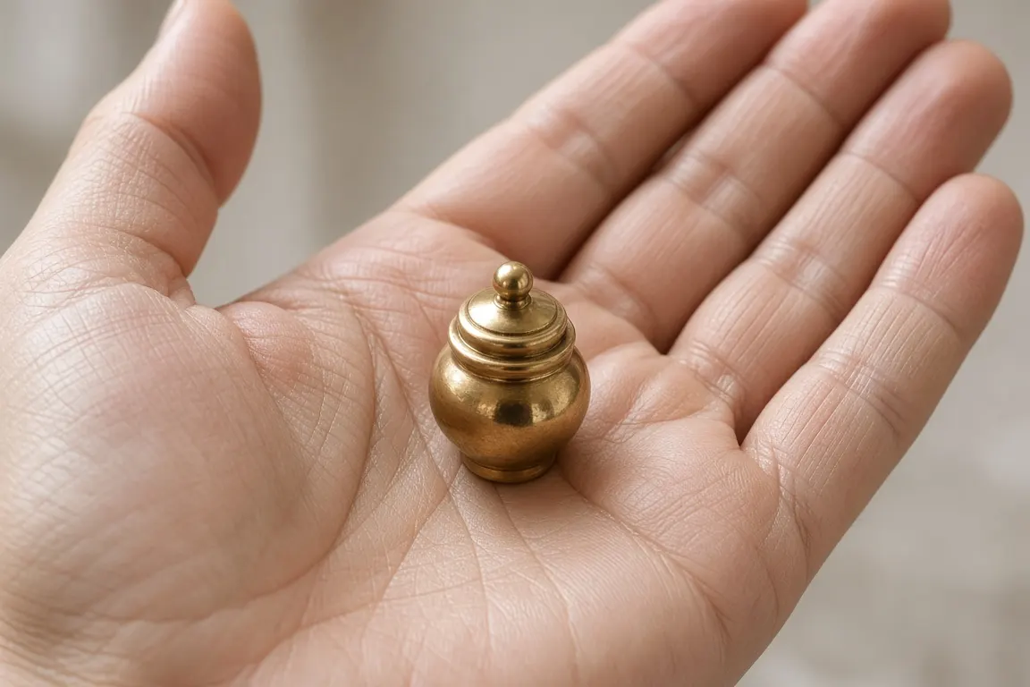 A tiny brass keepsake urn no bigger than a thimble resting in an open palm