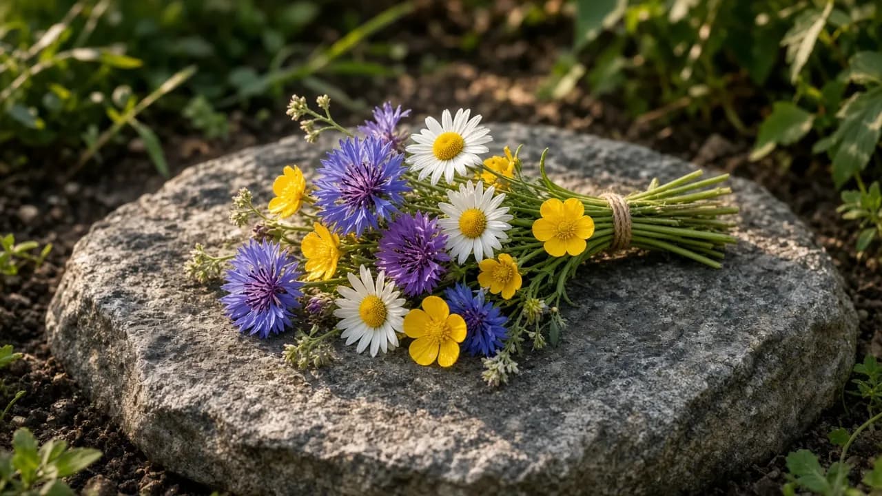 A small bunch of wildflowers laid on a flat garden stone in soft evening light