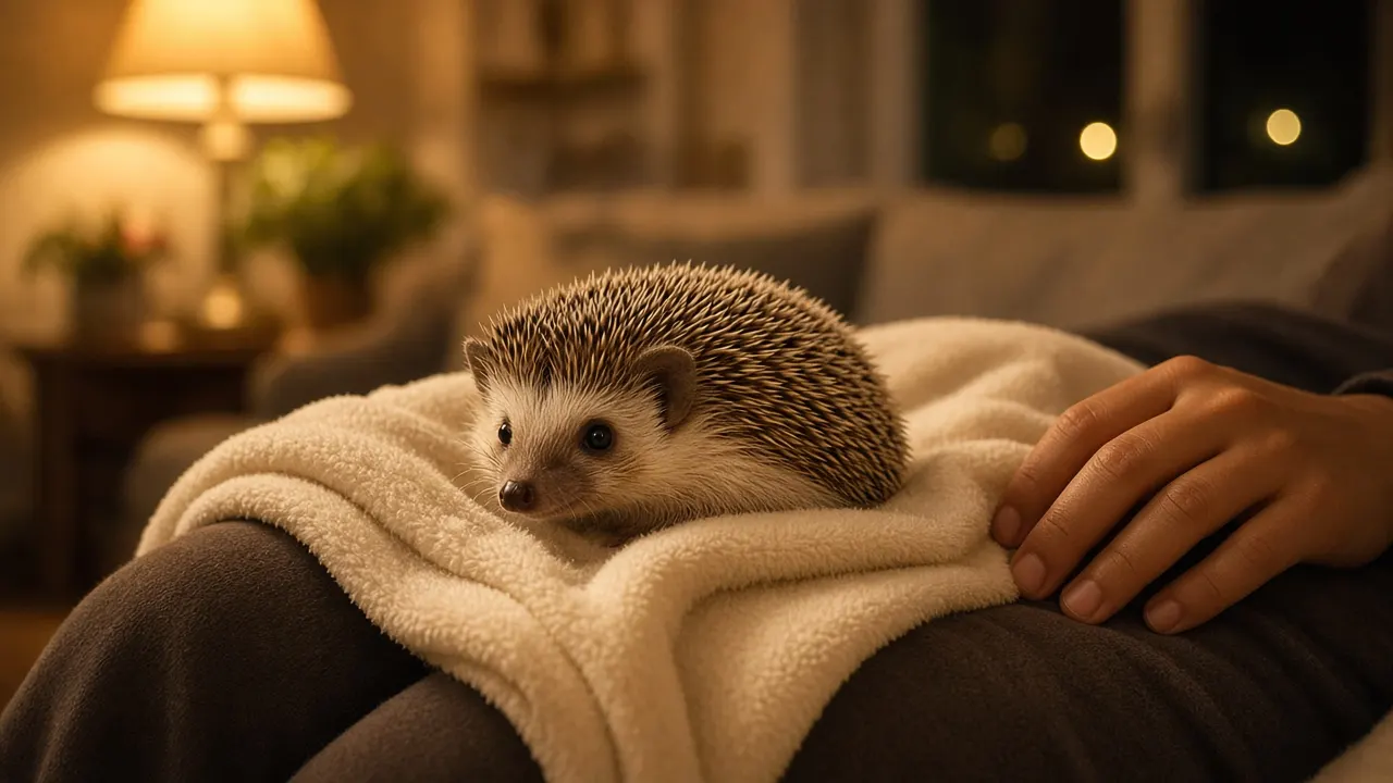 An older African pygmy hedgehog resting on a soft fleece blanket in a person's lap under warm lamplight