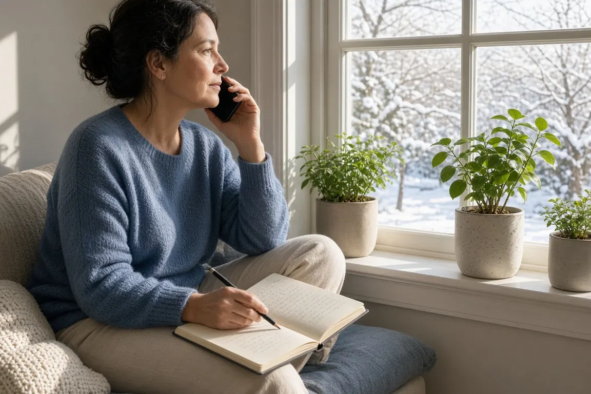 A person at a sunny window seat making a phone call with a notebook of handwritten questions on their knee