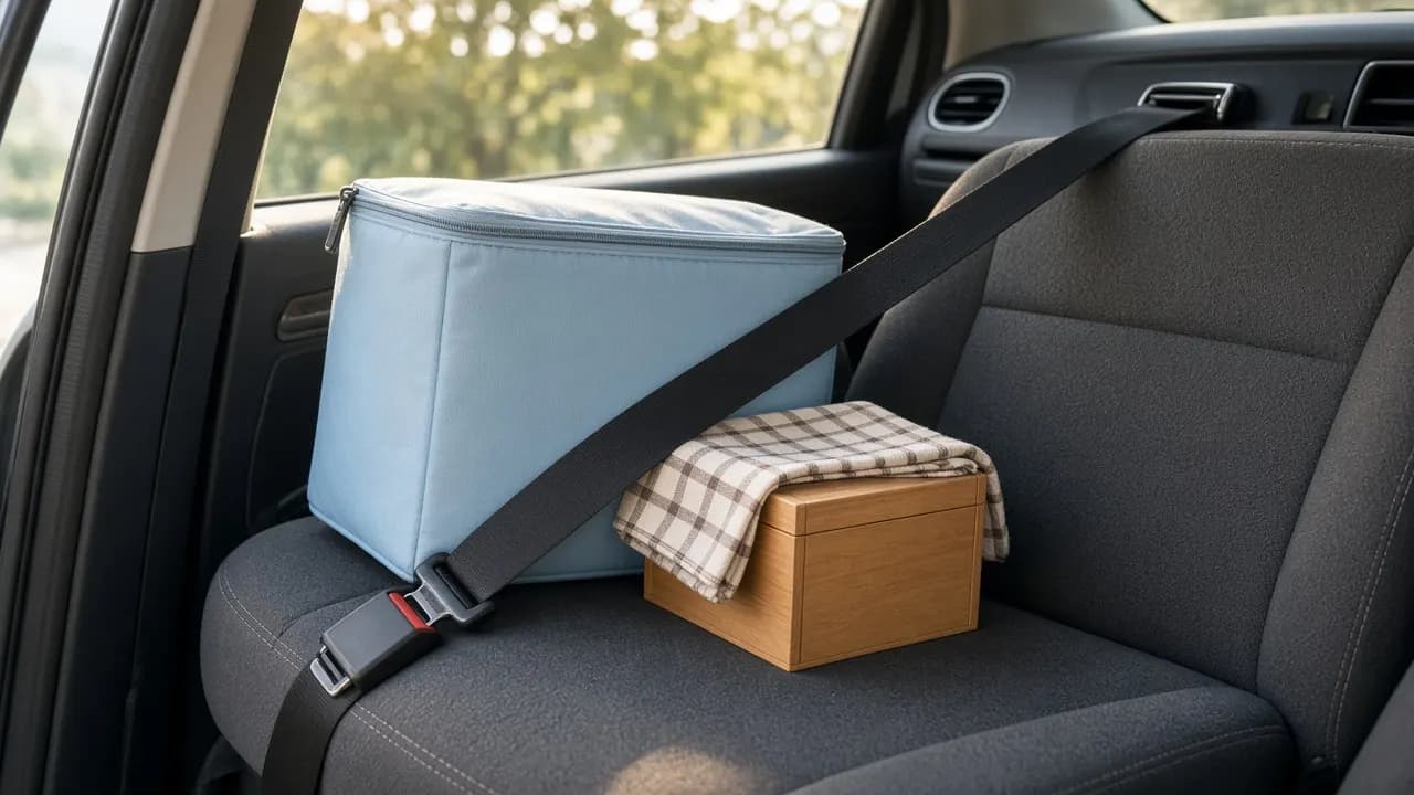 A soft blue cool bag and a small wooden box wrapped in a folded tea towel on the passenger seat of a car in morning light