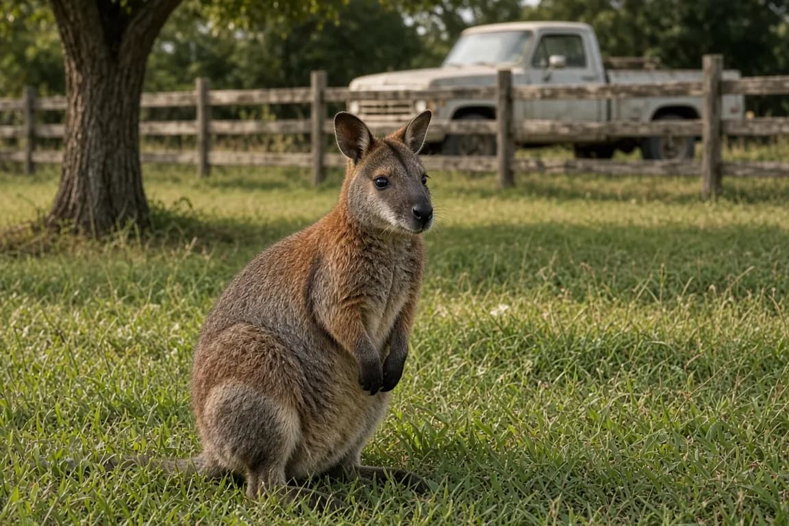 A red-necked wallaby resting in dappled shade on a grassy smallholding with a wooden fence and a farm truck behind