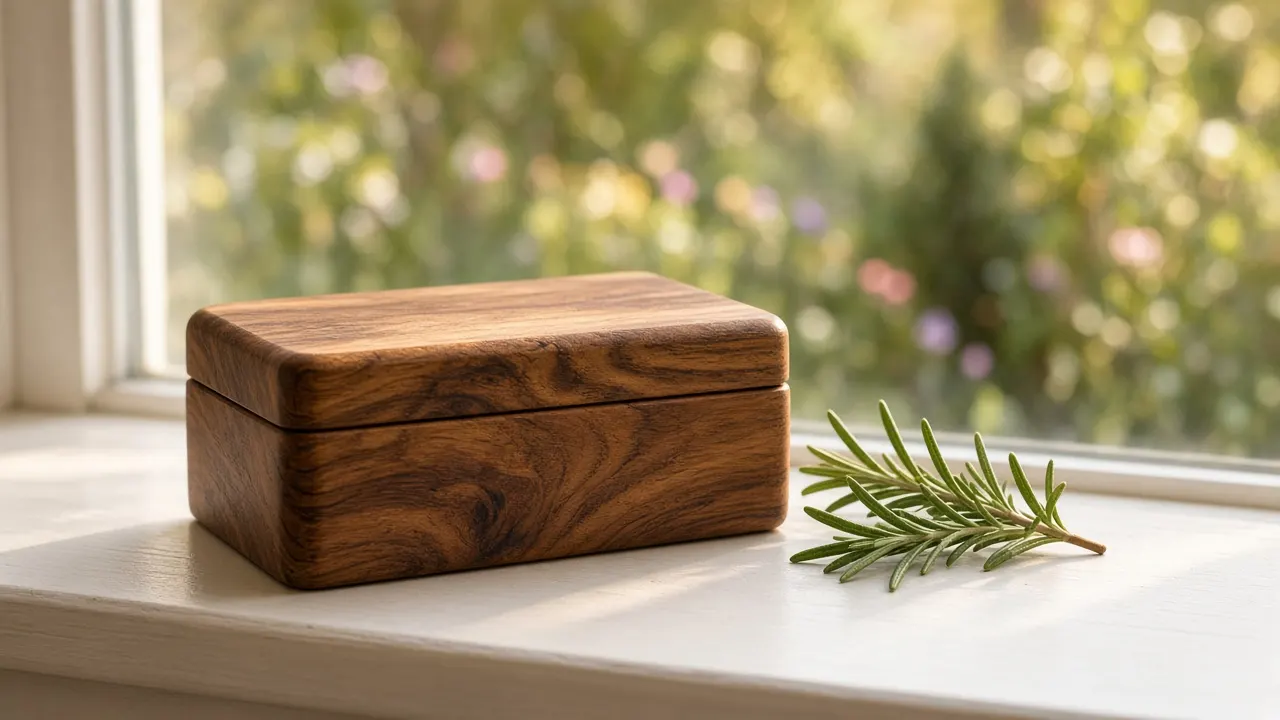 A small turned walnut keepsake box with a sprig of rosemary on a windowsill in morning light