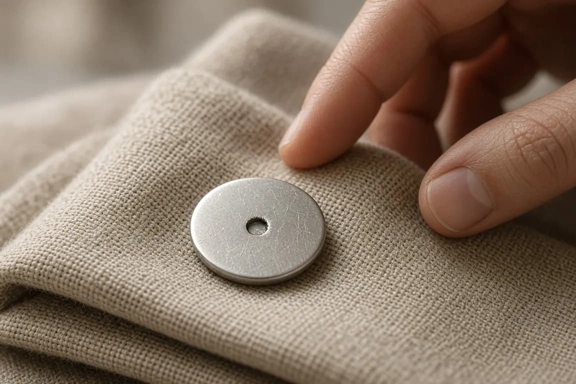 A small numbered stainless steel identification disc resting on a folded linen cloth