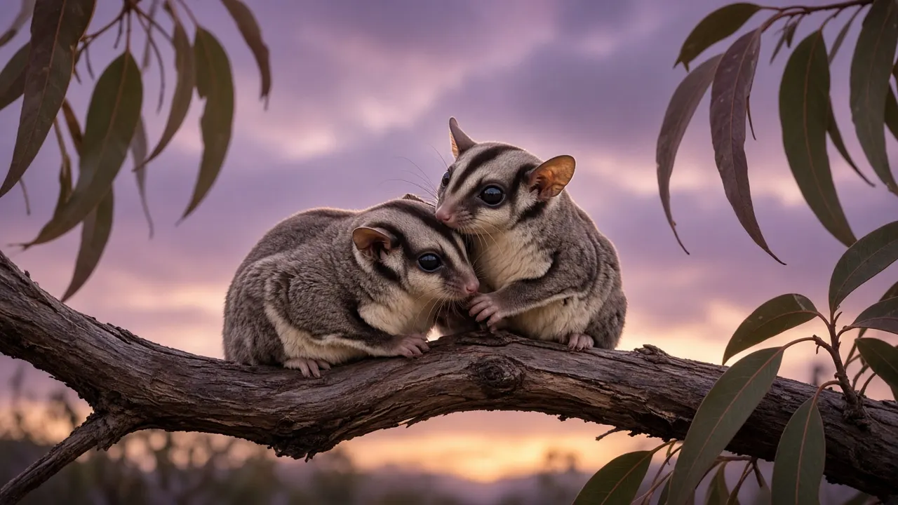 Two sugar gliders curled together on a eucalyptus branch at dusk, one grooming the other's ear