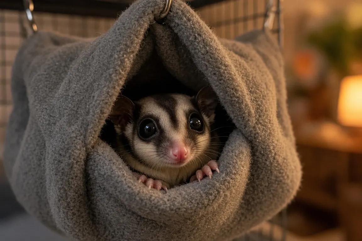 A sugar glider peeking out of a soft gray fleece sleeping pouch in warm evening lamplight