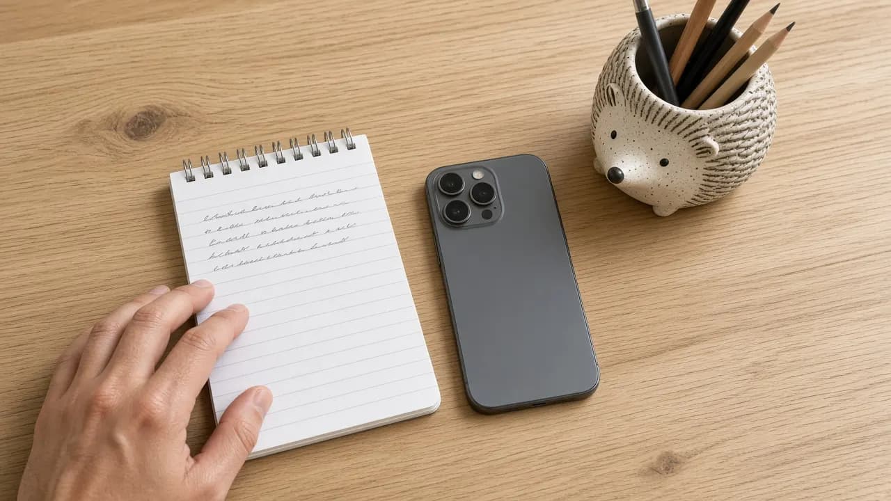 A notepad with handwritten questions beside a phone and a small hedgehog-shaped pencil holder on a kitchen table