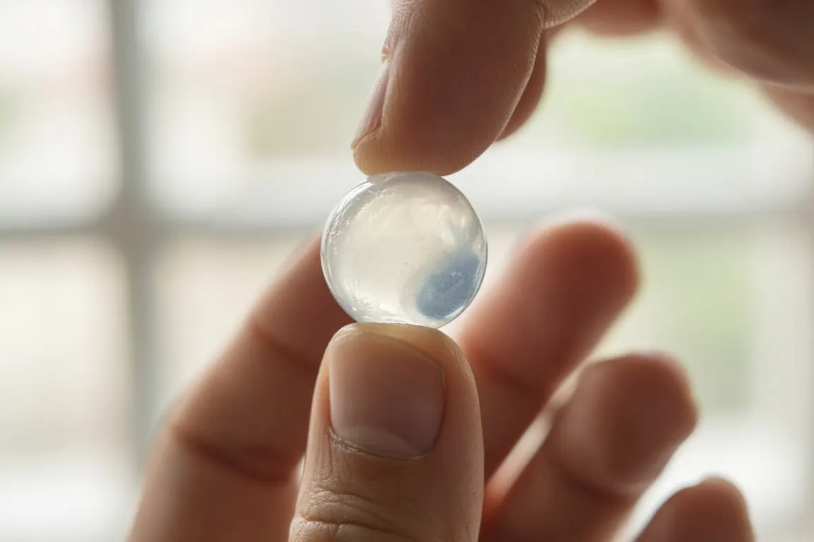 A hand-blown glass bead with a faint pale swirl held between two fingers in window light