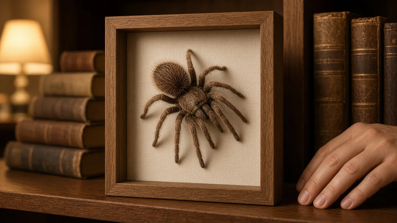 A tarantula's shed molt displayed in a small oak shadow box on a bookshelf