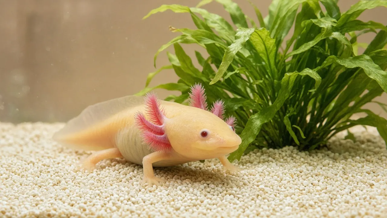 A golden axolotl with feathery pink gills resting on sand in a planted aquarium