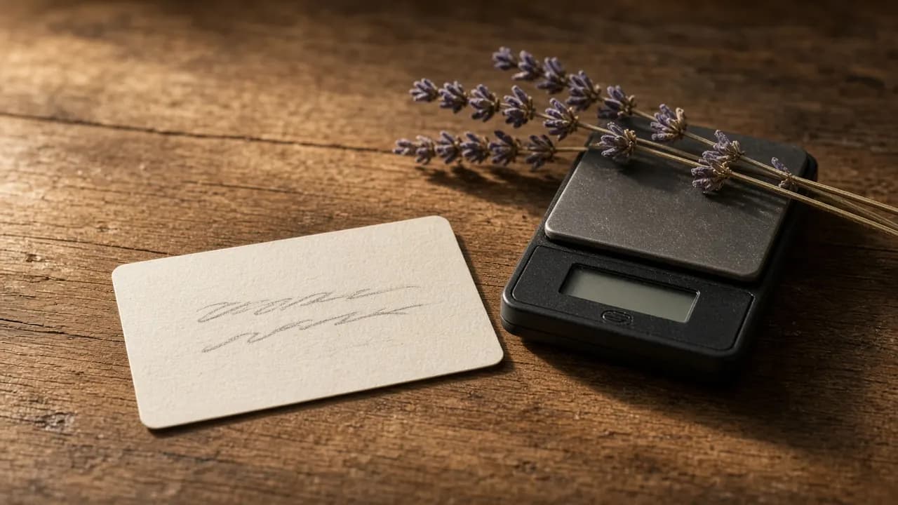 A handwritten index card on a wooden table next to a small digital scale and a sprig of lavender