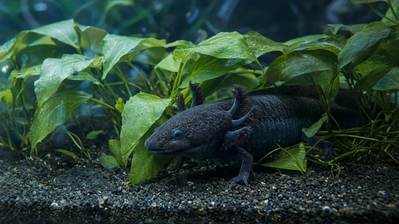 A wild-type dark axolotl resting among green aquarium plants, photographed through the glass