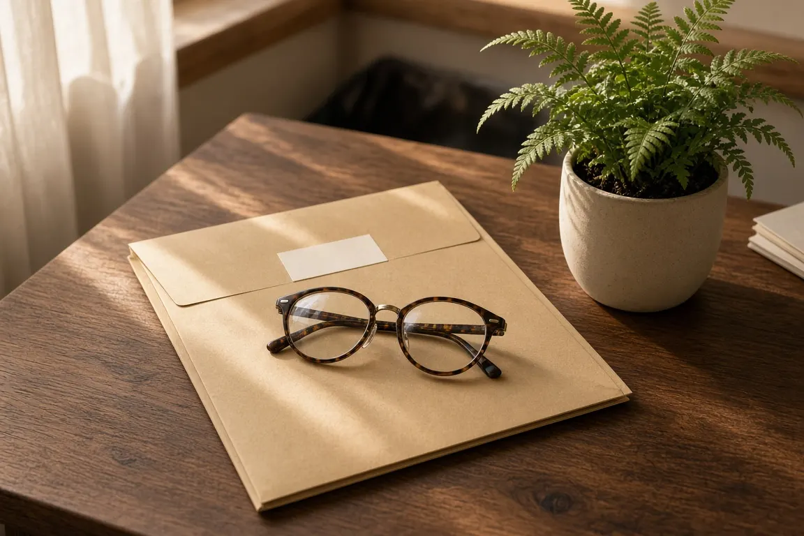 A labelled document folder beside a pair of reading glasses and a potted fern on a wooden desk