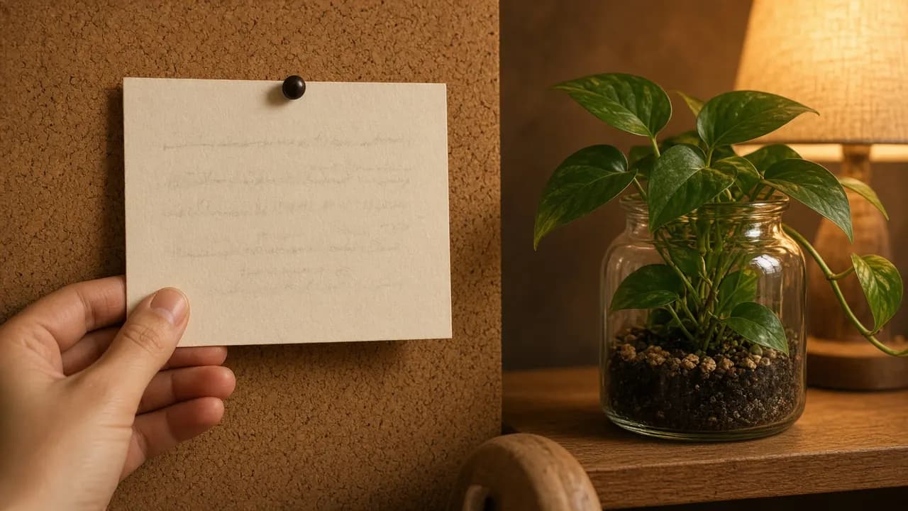 A handwritten index card pinned to a corkboard beside a small terrarium with a leafy plant