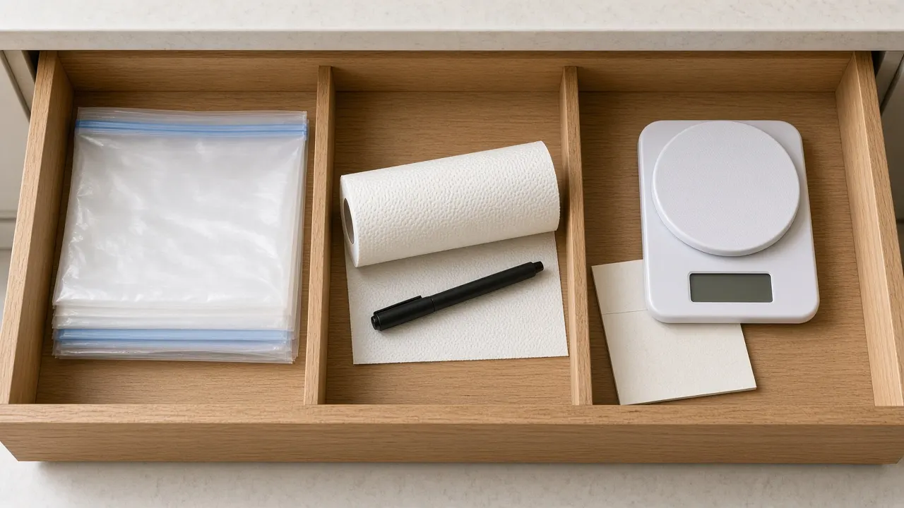 An open kitchen drawer holding zip bags, paper towels, a marker, a small digital scale and a folded note card
