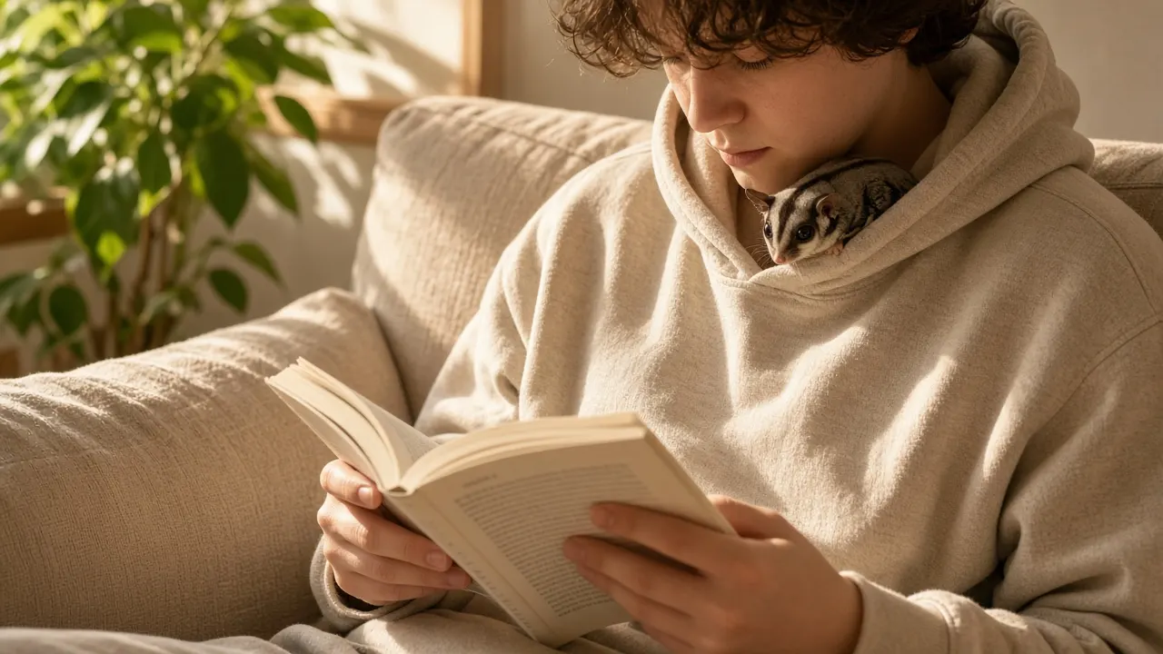 A person reading on a sofa with a sugar glider peeking from the hood of their sweatshirt, afternoon light