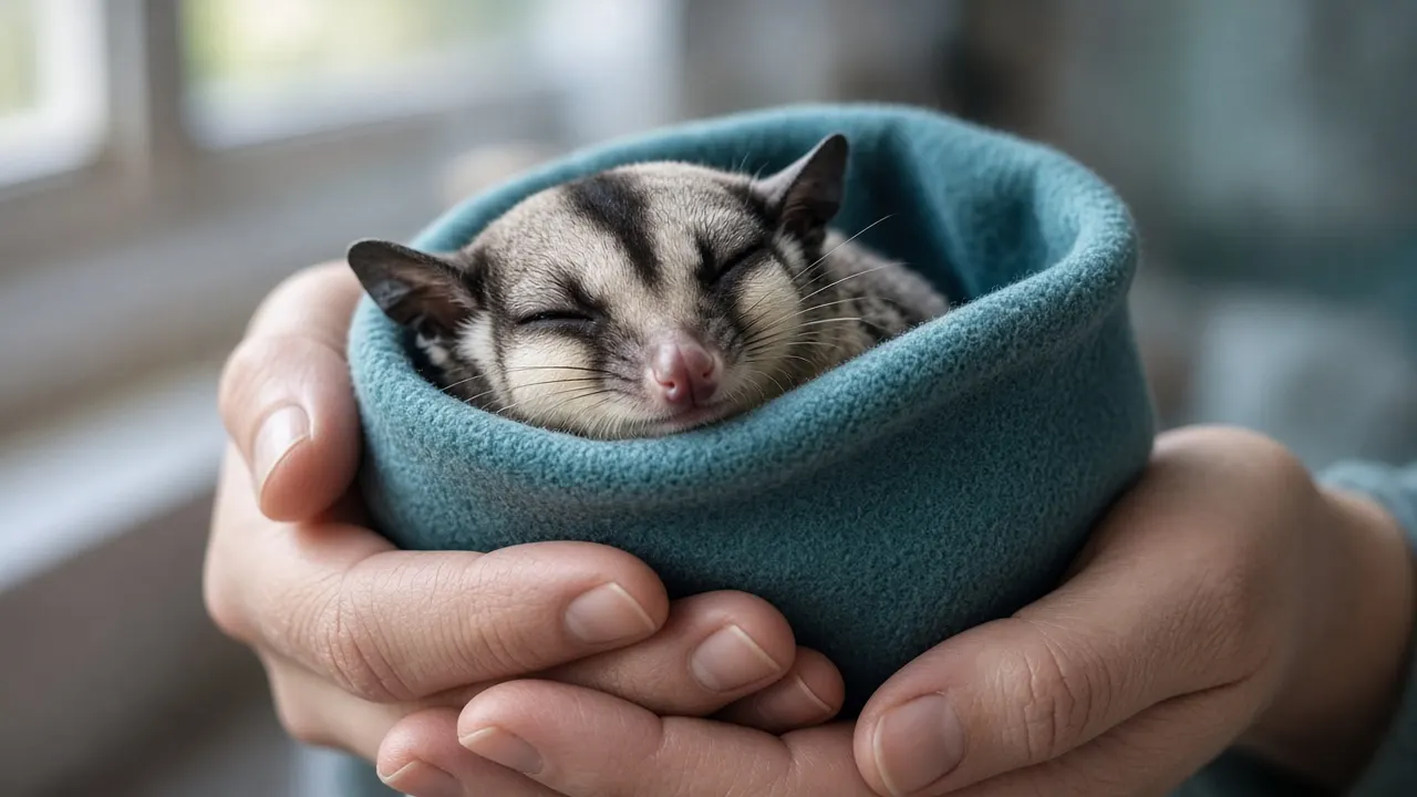 A sugar glider curled up asleep in cupped hands, wrapped in a fleece pouch