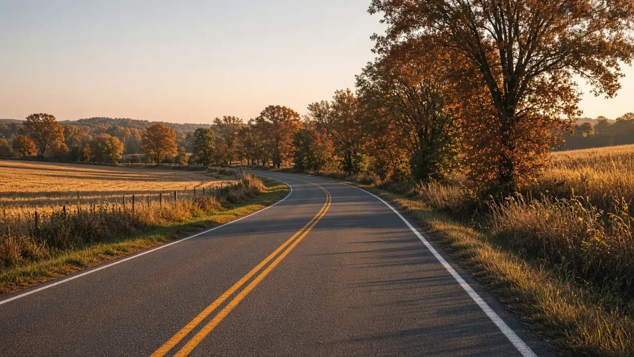 A quiet country road winding through autumn farmland at golden hour