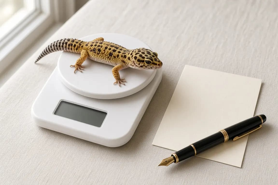 A leopard gecko resting calmly on a small digital kitchen scale beside a handwritten card