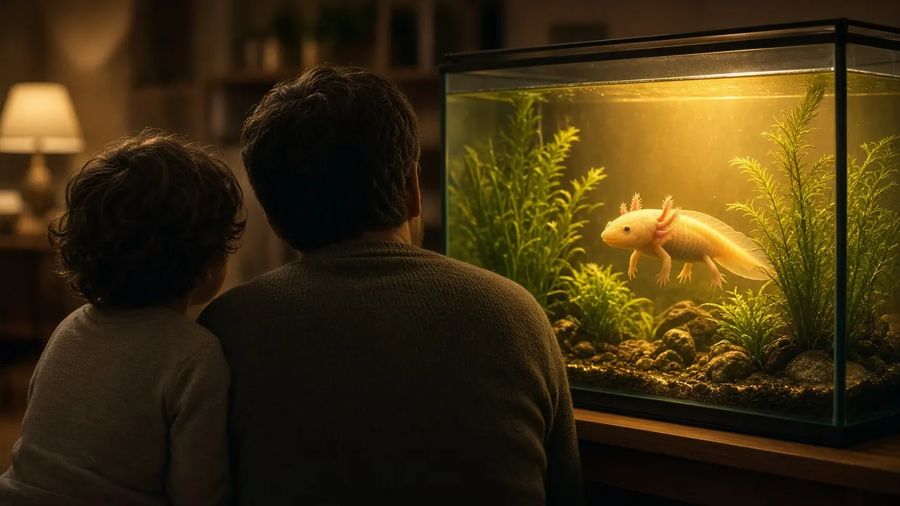 A child and parent watching a golden axolotl in a home aquarium in soft evening light