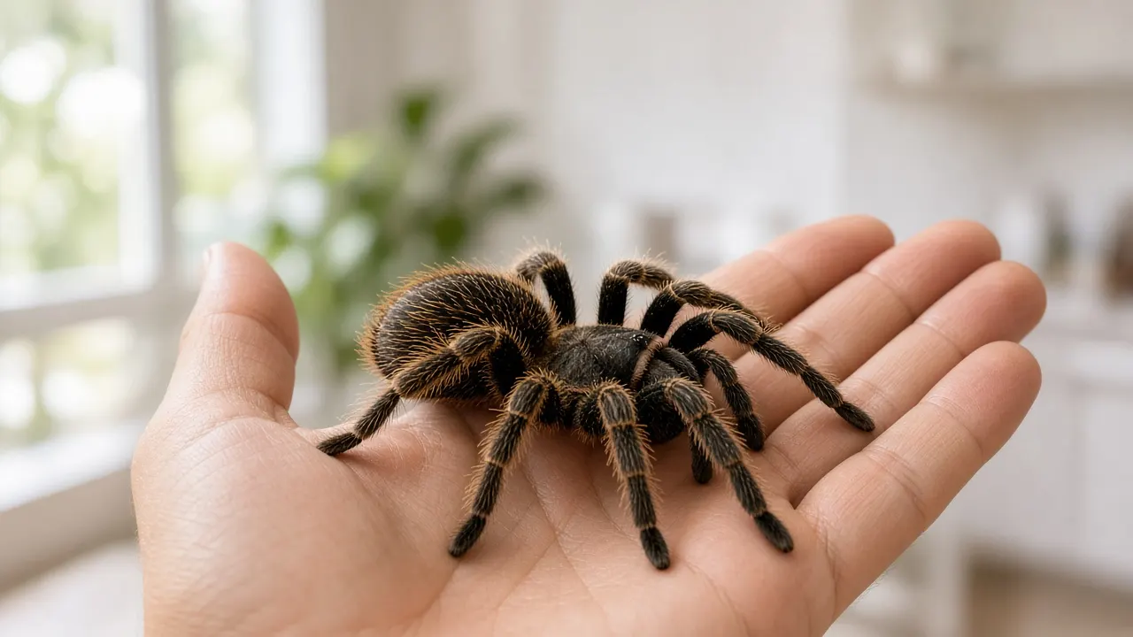 A curly-haired tarantula resting calmly on the open palm of a keeper in a bright room