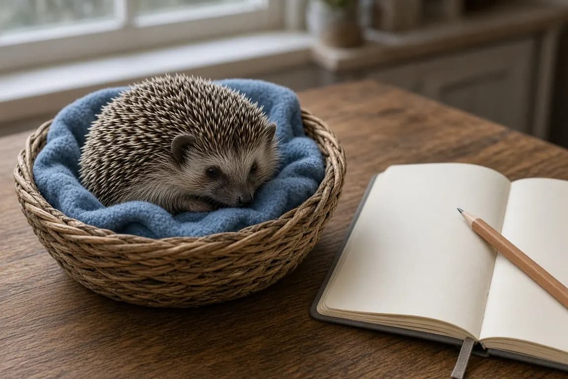 An African pygmy hedgehog curled in a fleece-lined basket beside a notebook and pencil on a wooden table
