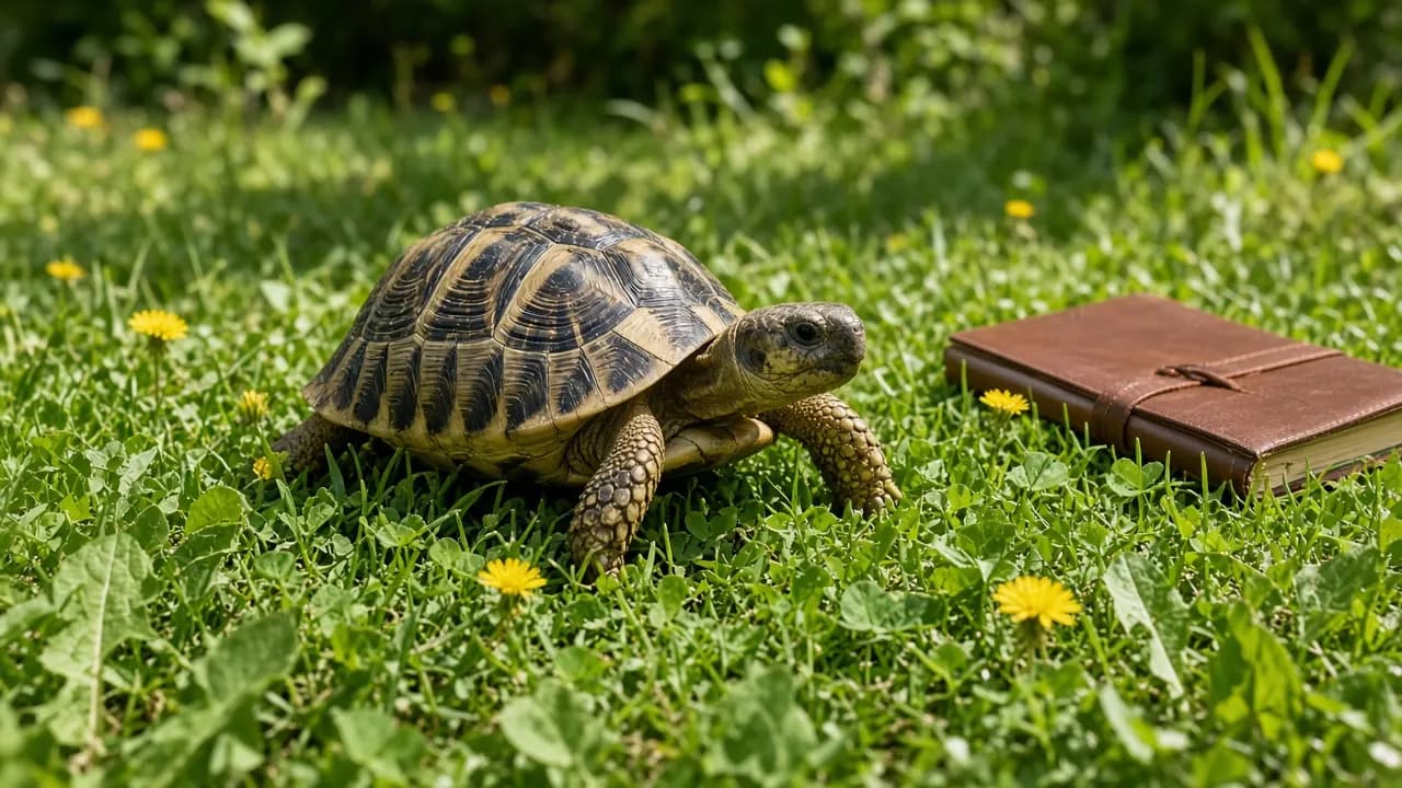 A Hermann's tortoise walking across a sunny patch of clover beside a closed field notebook