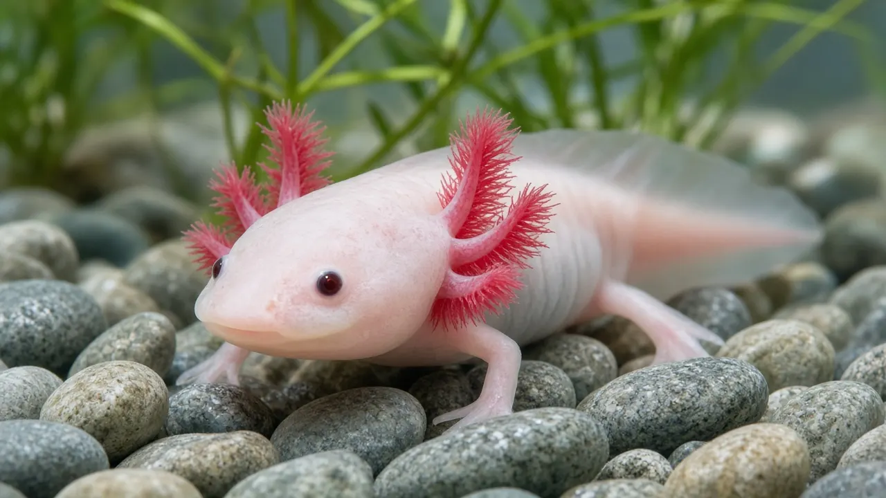 A pink axolotl resting on smooth pebbles in a softly lit planted aquarium