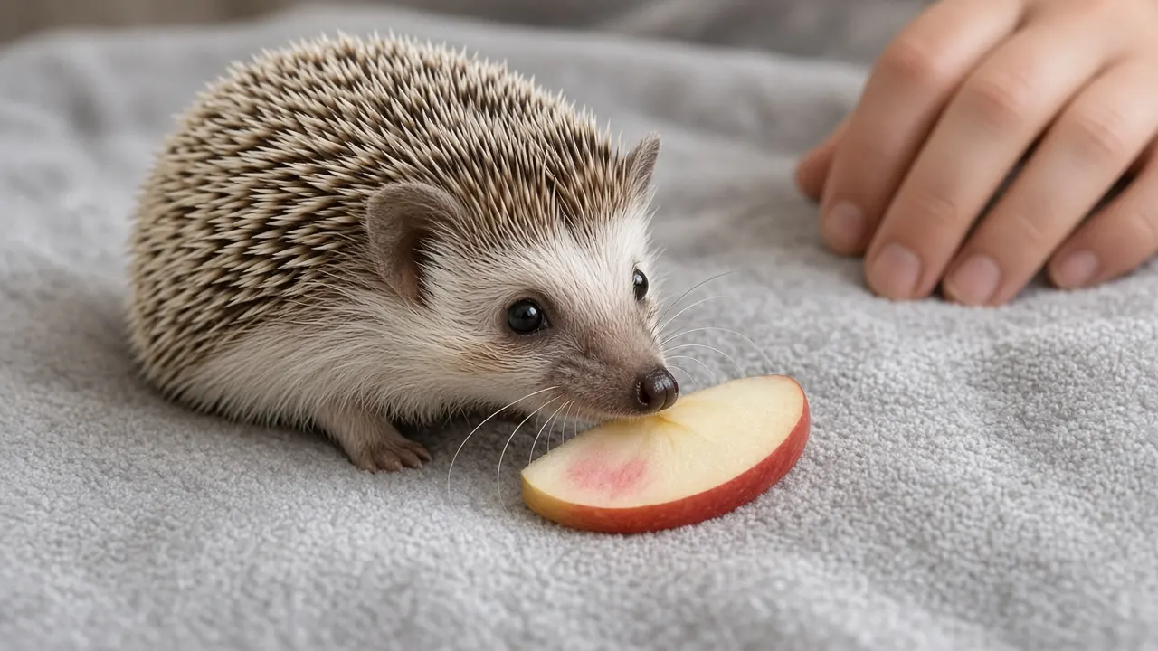 An older African pygmy hedgehog with a slightly greying face sniffing a slice of apple on a soft blanket