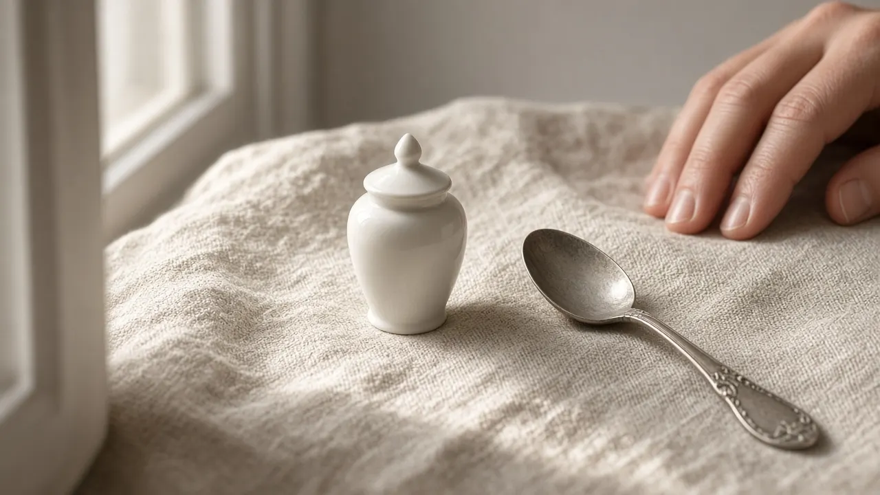 A tiny white porcelain keepsake urn beside a silver teaspoon on a linen cloth by a window