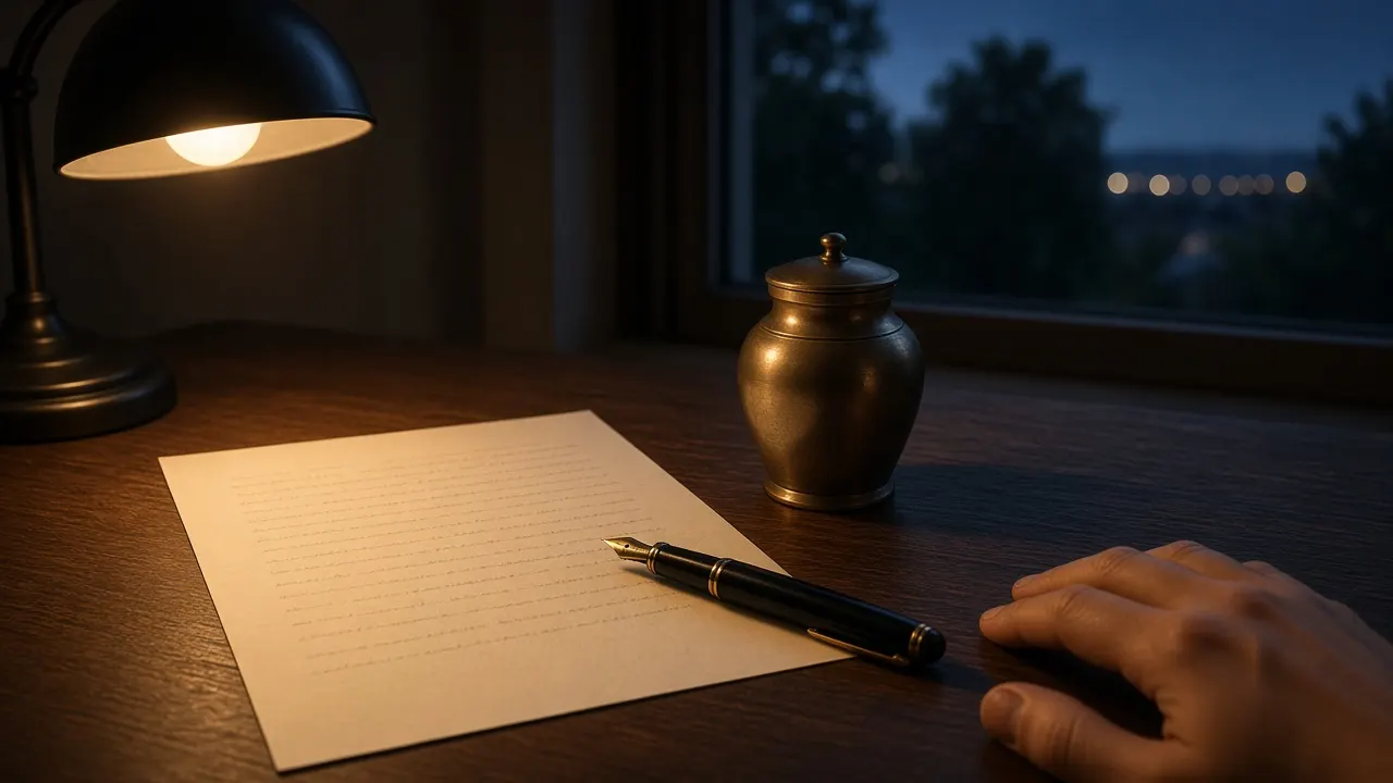 A handwritten budget list beside a small keepsake urn and a fountain pen on a walnut desk at dusk