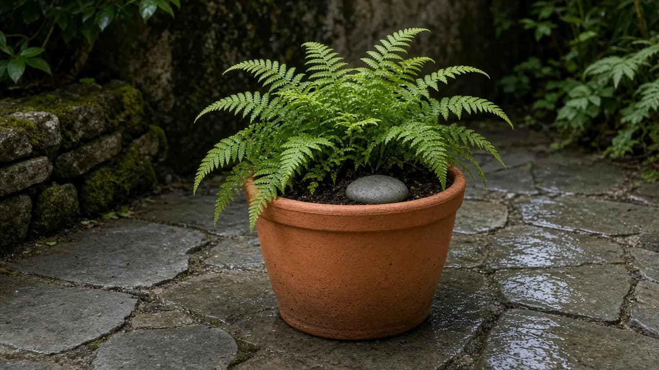 A small memorial planter with ferns and a smooth river stone in a shaded garden corner after rain