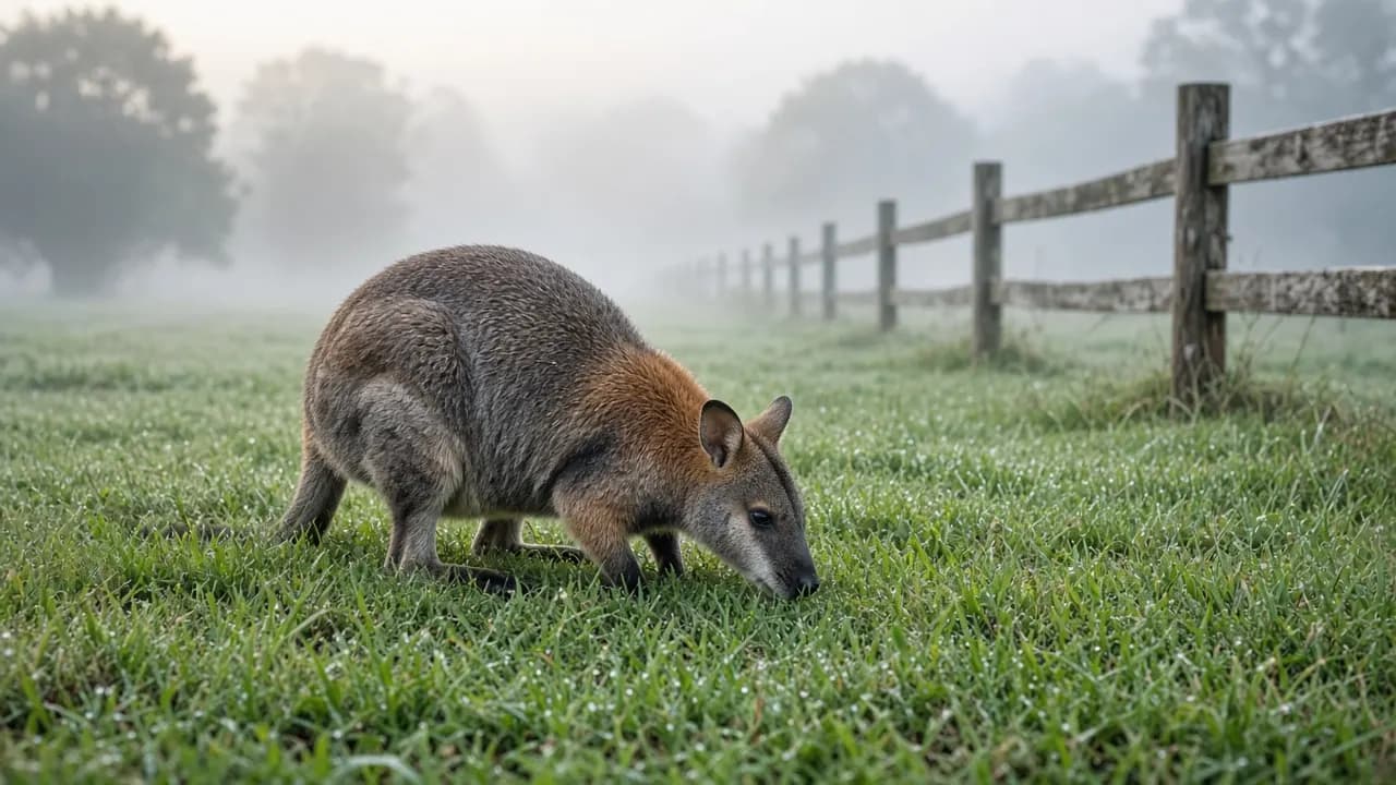 A Bennett's wallaby grazing on a green lawn beside a wooden fence in early morning mist