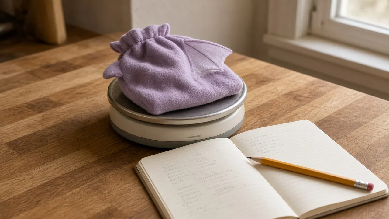 A kitchen scale with a small fleece pouch, a notebook of handwritten weights and a pencil