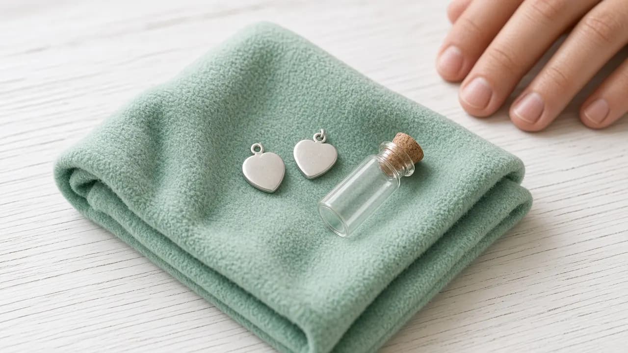 Two small silver keepsake pendants and a tiny glass vial resting on a folded fleece glider pouch